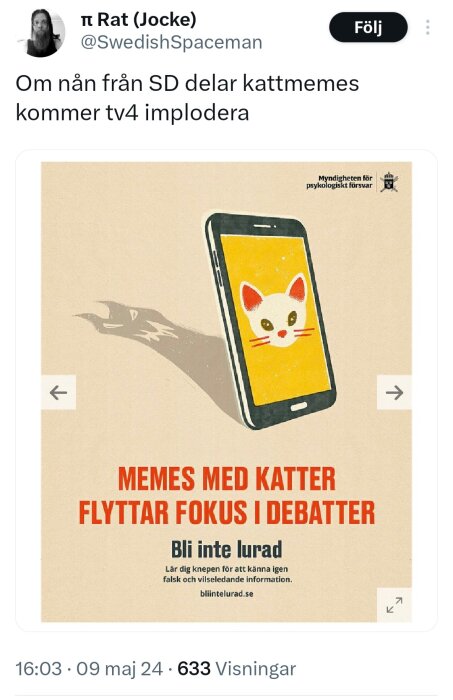 Illustration av en smartphone med en katt-meme, text om att inte förledas av kattememes i debatter.