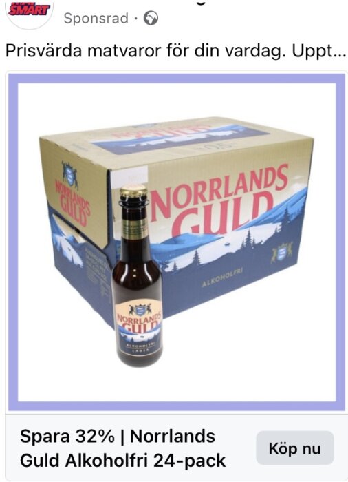 En 24-pack låda av Norrlands Guld Alkoholfri öl med en flaska bredvid och en text som erbjuder 32% rabatt.