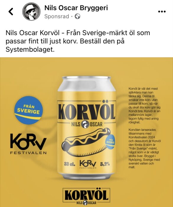 Burk av Nils Oscar Korvöl med texten 'Från Sverige', passar till korv, 5,2% alkohol på gul bakgrund.