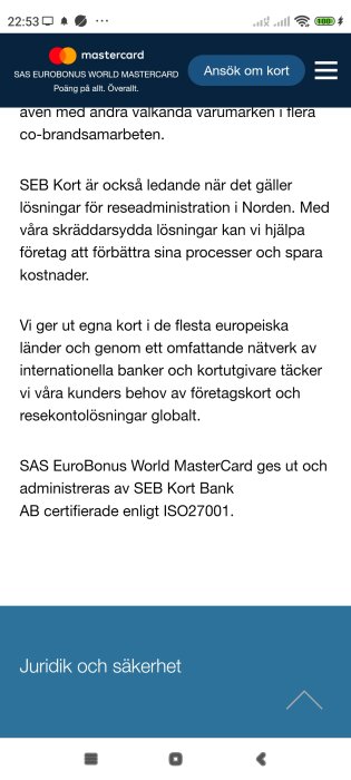 Skärmdump av en webbsida för SAS EuroBonus World MasterCard med text och ansökningsknapp.