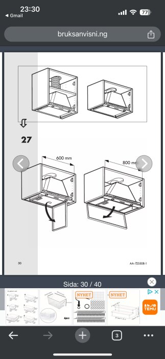 Illustration av hur en IKEA Underverk köksfläkt monteras och öppnas med måttangivelser.