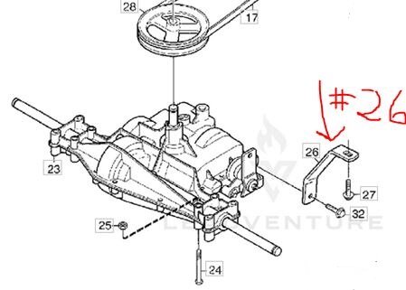 Exploded view drawing of a gearbox with component #26 marked as a single mount and bolts labeled #32 and #27.