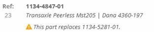 Skylt som visar kompatibilitet mellan växellåda Transaxle Peerless Mst205 och Dana Spicer 4360-197.