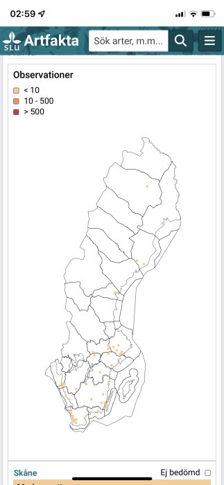 Karta från Artfakta med observationsindelning av insektsförekomst i Sverige, markerad i Skåne.