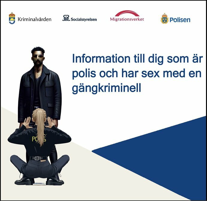 Illustration av en figur i polisuniform framför en oskarp person, med text om poliser och relationer med kriminella.