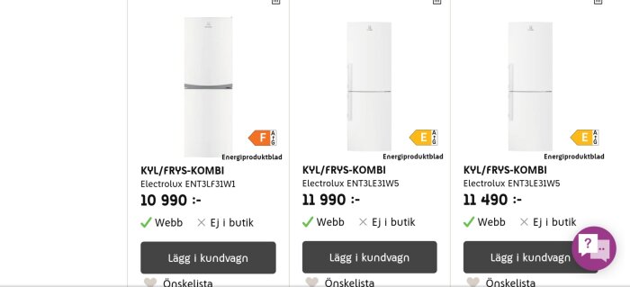 Jämförelse av tre olika Electrolux kyl/frys-kombinationer med varierande priser och energiklasser F, A och E.
