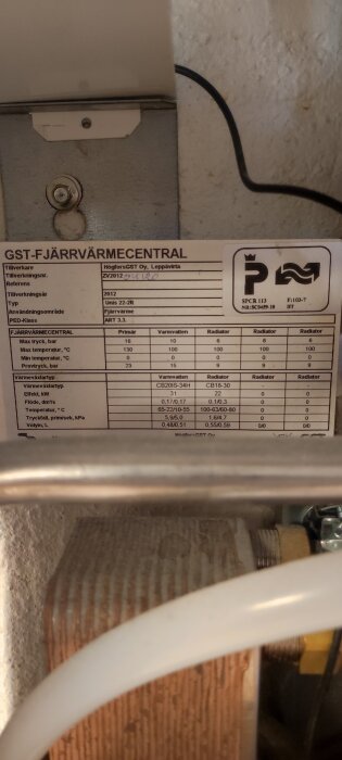 Etikett på en fjärrvärmecentral med tekniska specifikationer och företagslogotyp.