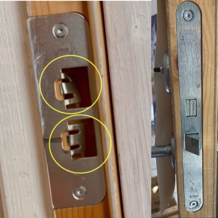 Två bilder av dörrlåsmekanismer, en med markerade skruvhål och en med ASSA ABLOY-märkning.