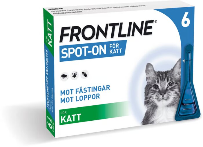 Frontline Spot-On produktförpackning för katt mot fästingar och loppor, med kattbild.