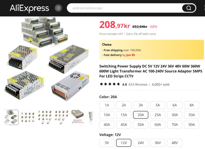 Produktbild på AliExpress som visar olika switchande nätaggregat och transformatorer för LED-strips och övervakningskameror.