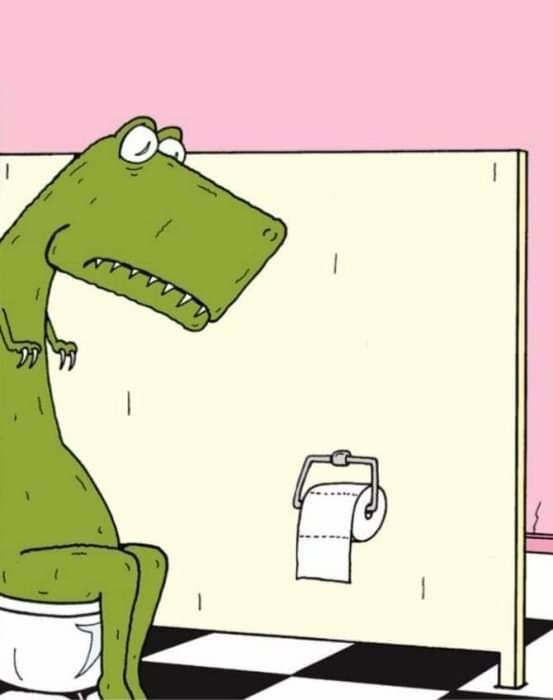 Tecknad grön alligator sittandes på en toalett och sträcker sig efter toalettpapper.