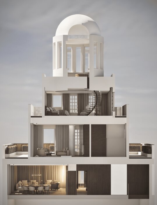 Arkitektritning av ett flervåningshus med modern design och kupoltak.