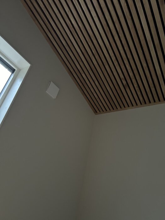 Hörn av ett rum med tak försett med hemmagjorda, betsat fururibbor och en akustikduk, intill en vit vägg.