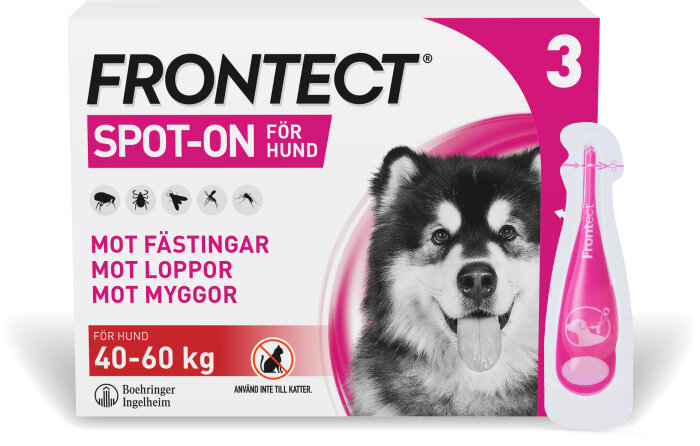 Förpackning av Frontect Spot-On för hundar 40-60 kg mot fästingar, loppor och myggor.