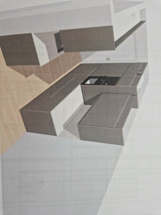 Ritning av ett Ikea-kök med bruna underskåp, ljusa bänkskivor och inbyggd spishäll utan synliga eluttag.