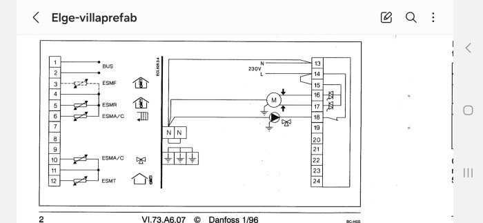 Elkopplingsschema för värmesystem med beteckningar och symboler för givare och enheter.