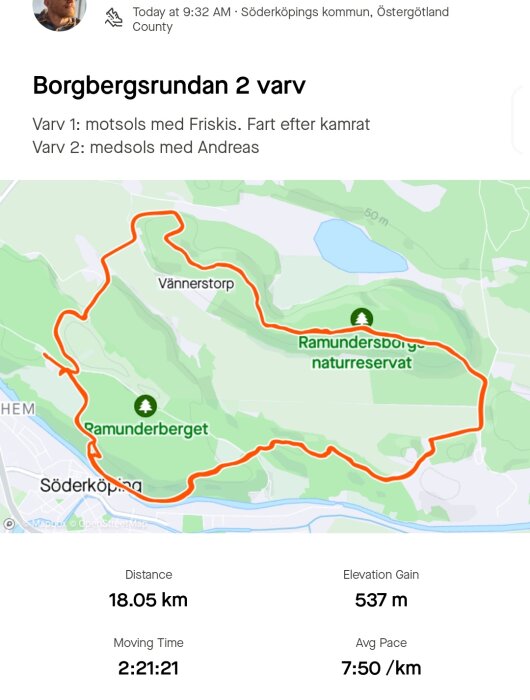 Kartskärmbild av en löprunda med markerad rutt, distans 18,05 km, tid 2:21:21 och stigning 537 m.