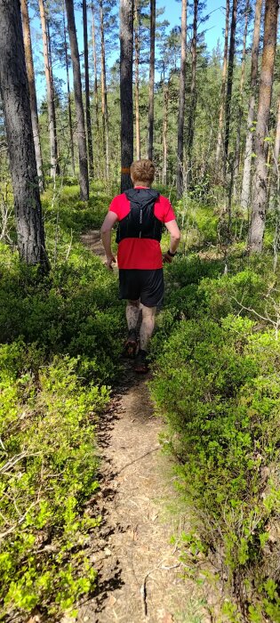Person i röd och svart träningsutrustning vandrar på en skogsstig.