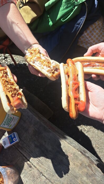 Tre personer som håller korv med bröd toppade med olika tillbehör vid en picknick.