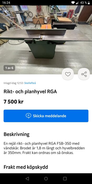 Rikt- och planhyvel RGA FSB-350 till salu i en verkstadsmiljö, text om pris och beskrivning syns nedanför.