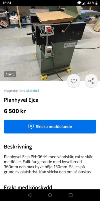 Planhyvel i en verkstad med teknisk beskrivning och pris i bildtext.