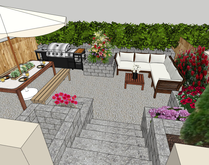 3D-rendering av en terrassdesign med odlinglådor av murblock, sittplatser och grillutrustning.