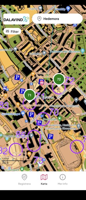 Kartskärmdump med markeringar och poäng i mobilapp, visar platser i staden Hedemora.