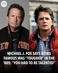 Two images of the same man at different ages with a quote about fame in the '80s.