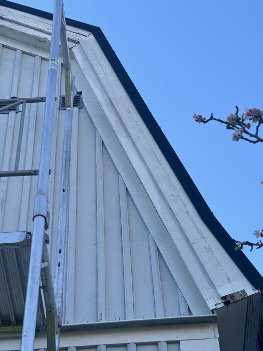 Tvåvåningshusets gavel med vitmålade vindskivor och plåtfasad, stege lutar mot väggen.