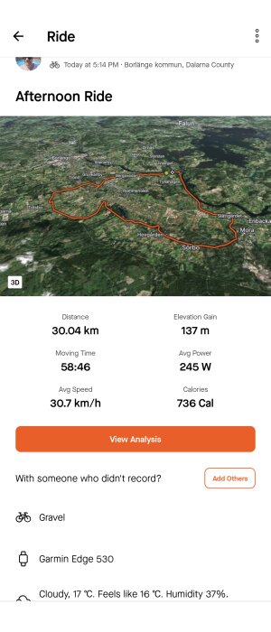 Cykelrutt med statistik som visar 30,04 km avstånd och 137 m höjdvinst i Borlänge kommun, Dalarna.