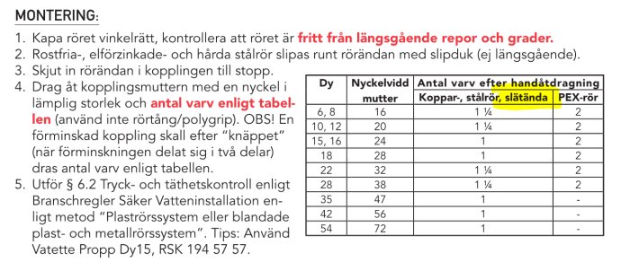 Bild på installationsinstruktioner med tabell över antal varv för åtdragning av kopplingar till rör, markerat ordet "slätända".