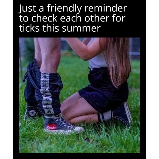 Person på knä i gräs som kontrollerar en annan persons ben efter fästingar, påminnelse för sommaren.