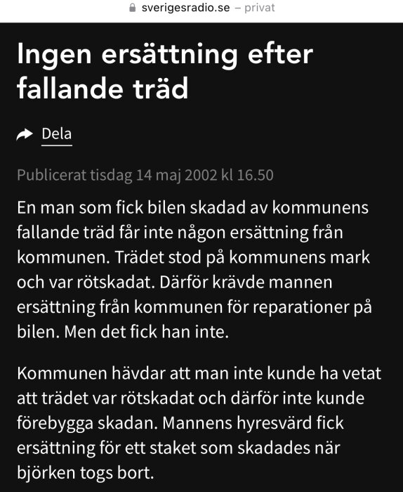 Skärmdump av nyhetsartikel med rubriken "Ingen ersättning efter fallande träd" från Sveriges Radio.