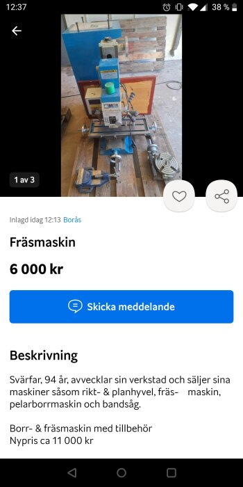 Blå och silverfärgad bänkborrmaskin och fräsmaskin med tillbehör säljes i ett verkstadsmiljö.