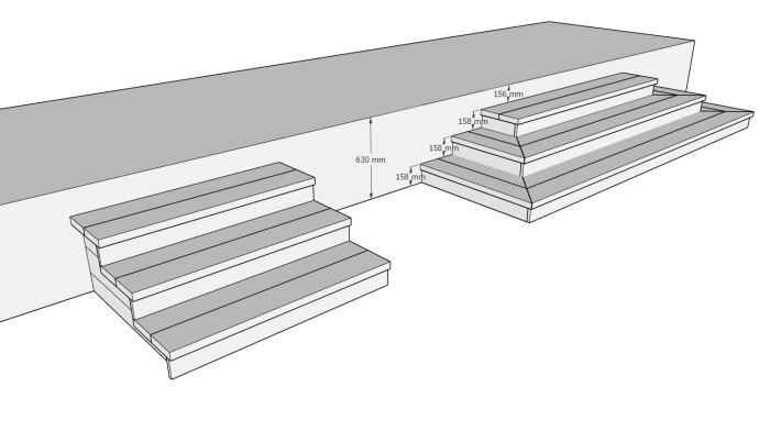 3D-ritning av utomhustrappa med tre steg markerade som 158mm höga, totalt 630mm.