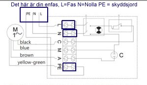 Elektrisk kopplingsschema för enfassystem, med märkningar för L (fas), N (nolla) och PE (skyddsjord), inklusive färgkoder.