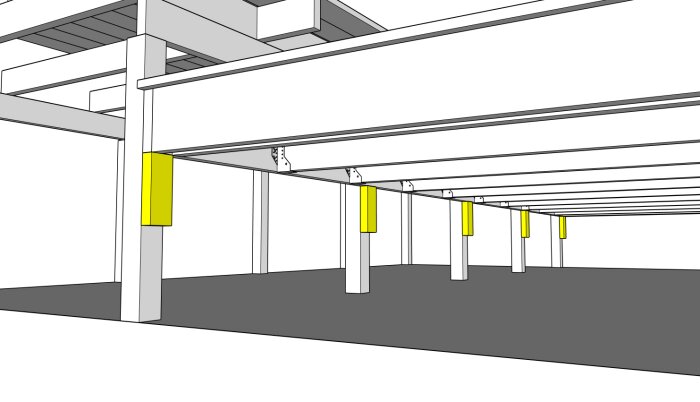 Illustration av en altan med gula markeringar på stolpar där skruvar ska fästas.