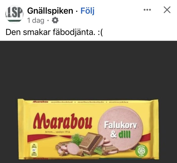 Marabou Falukorv & dill chokladkaka med bild av skivad falukorv och chokladbitar.