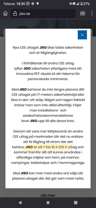 Skärmdump av en webbsida med information om JISOs nya CEE-eluttag och dess fördelar.