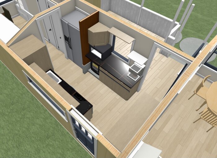 3D-ritning av en planlösning för en stuga med kök, matplats och öppning till vardagsrum.