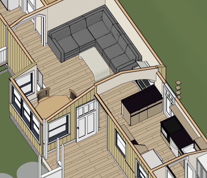 3D-rendering av en planlösning med möblerat vardagsrum och angränsande kök.