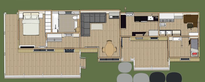 Två planlösningsförslag för ett hus, inkluderar sovrum, badrum och kök med möbleringsskiss.