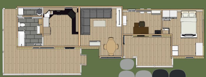 2D-planritning över en bostad med vardagsrum, kök, sovrum och badrum samt möblemang för visuell illustration.