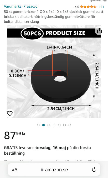 En skärmdump av en produkt på Amazon visar 50-pack gummitvättar med måttangivelser.