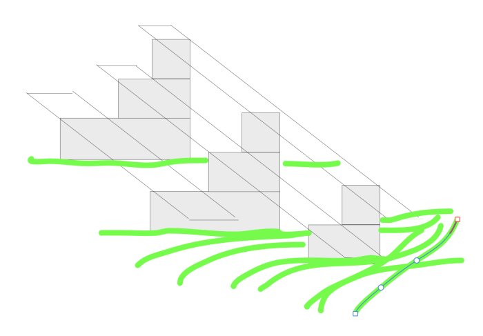 Schematisk illustration av trappsteg i olika höjder med markerade punkter för montering på en altan.