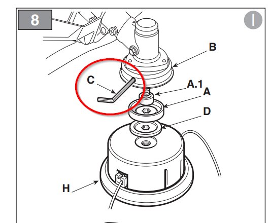 Illustration av ett grästrimmers huvud med markerad låspinne för klingbyte på en Stiga SBC 226 JD.