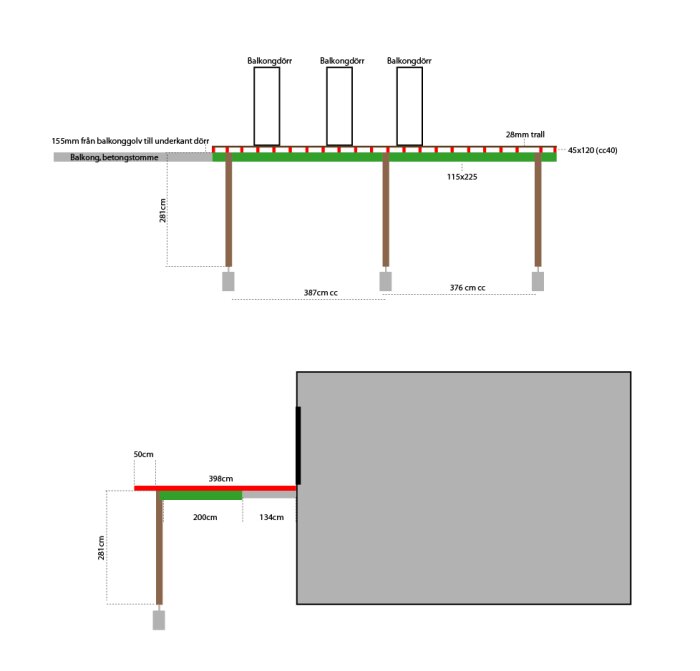 Schematisk ritning av terrass med måttangivelser för pelare, balkongdörrar och trall.