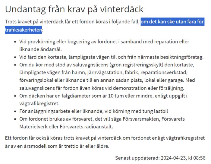 Skärmdump av text om undantag från krav på vinterdäck, inklusive datum för uppdatering.