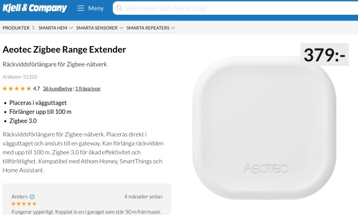 Aeotec Zigbee Range Extender för smarta hem, placerad mot vit bakgrund.