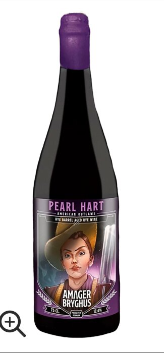 Flaska med etikett 'Pearl Hart' från Amager Bryghus, rye barrel aged rye wine, 75 cl, 12,4% alkohol.